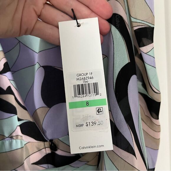 NWT Calvin Klein Women's Faux Wrap Puff Sleeve Midi Dress in Black Opal Print - Picture 8 of 9